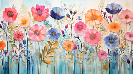 Colorful flowers painted on a wall. Spring and summer floral backgroundの素材