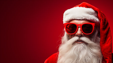 Christmas, holidays and people concept - close up of Santa Claus in red sunglasses over red backgroundの素材