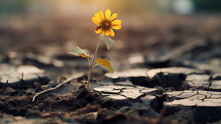 Little yellow flower growing in the soil. Concept of global warming.の素材