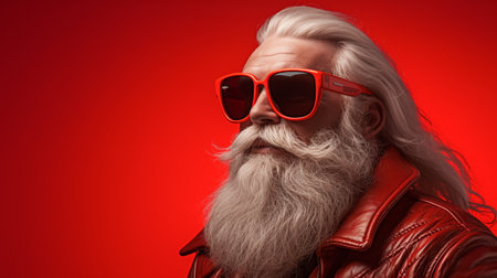Portrait of a handsome senior man with long white beard wearing red leather jacket and sunglasses on a red background.の素材