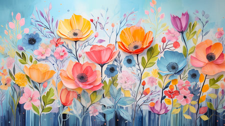 Watercolor floral background with poppies. Hand drawn illustration.の素材