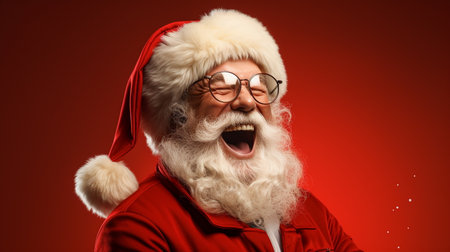 Portrait of Santa Claus in red suit and glasses on red backgroundの素材