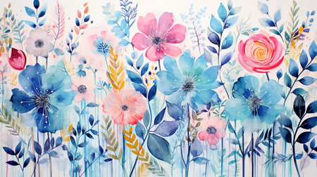 Watercolor floral background. Hand drawn illustration with flowers and leaves.の素材