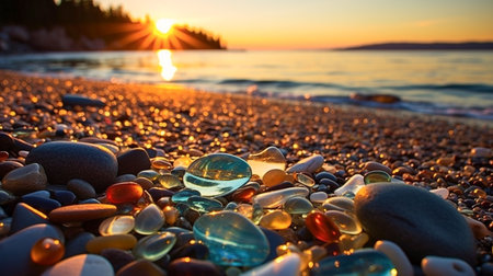 Beautiful sunset on the beach with stones and reflection in water.の素材