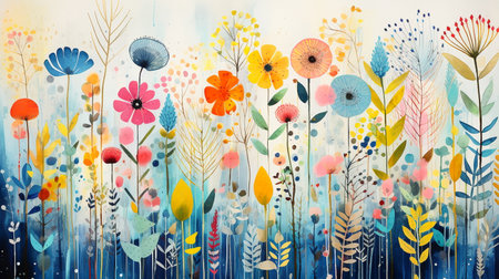 Colorful floral background with watercolor flowers. Hand drawn illustration.の素材