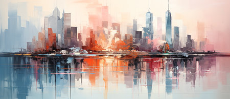New York City skyline panorama with urban skyscrapers and reflectionsの素材