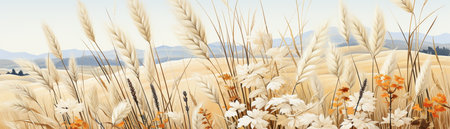 Autumn landscape with wildflowers, grasses and mountains.の素材