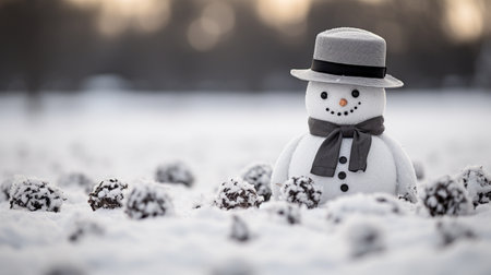 Snowman in hat and bow tie with candies in the snowの素材