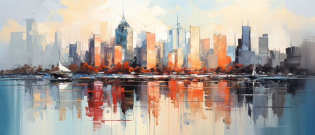 The New York City panorama with skyscrapers and reflections in waterの素材