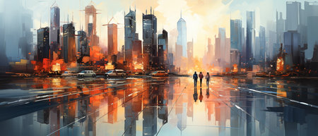 Cityscape with modern skyscrapers and reflection in the water.の素材