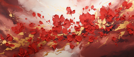 3d illustration of abstract watercolor background with red and gold flowersの素材