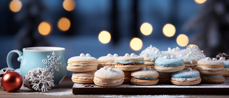 Christmas macaroons with cup of coffee on wooden table on blurred lights backgroundの素材