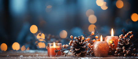 Christmas decoration with burning candles and pine cones on bokeh backgroundの素材