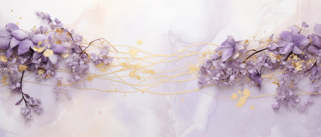 Grunge floral background with lilac flowers and gold lines.の素材