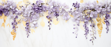 Wisteria flowers and golden leaves on white background. Flat lay, top view.の素材