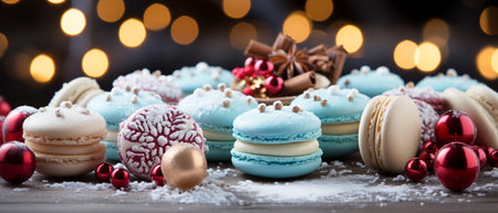 Colorful macaroons with Christmas decoration on bokeh backgroundの素材