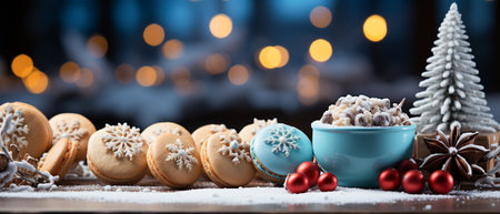 Christmas cookies in a blue cup on a wooden table with Christmas decorationsの素材
