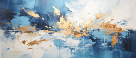 abstract oil painting background, blue and yellow paint splashes on canvasの素材