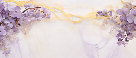 Wisteria flowers on a watercolor background with gold ribbon.の素材
