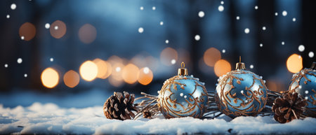 Christmas and New Year background with blue baubles on snow and bokeh lightsの素材