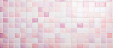 Ceramic tile wall background. Pink and white mosaic tiles texture.の素材