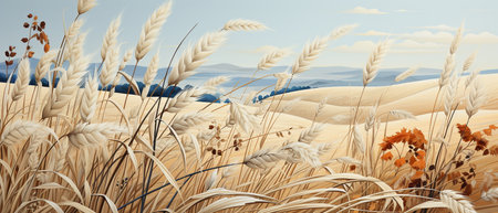 3D illustration of a wheat field in the spring with a blue skyの素材