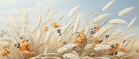 3d illustration of wheat field with autumn leaves and berries over blue skyの素材