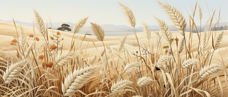 Wheat field. 3D illustrations. Rural landscape. Wheat field.の素材