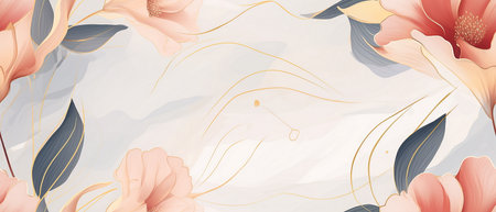 Elegant floral background with abstract flowers and golden lines. Vector illustration.の素材