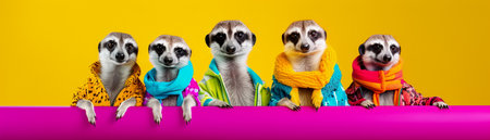 group of cute meerkats wearing colorful clothes and scarves on a yellow backgroundの素材