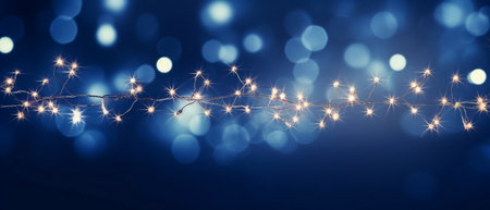 Christmas lights garland on blue bokeh background with copy spaceの素材