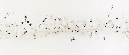 Musical notes on a white sheet of paper. Music background.の素材