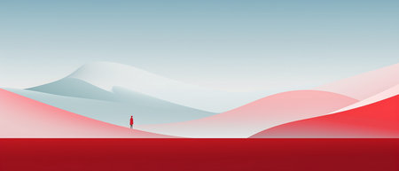 Landscape of the desert with a woman in a red dress. Vector illustration.の素材