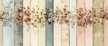 Vintage flowers on wooden planks, retro style, pastel colorsの素材