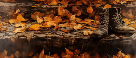 Leather boots and autumn leaves on the background of the forest.の素材