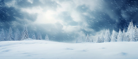 Frozen winter forest with snow covered trees. panoramic bannersの素材