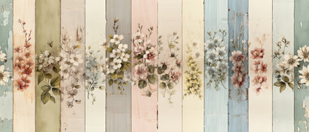 Vintage floral background. Watercolor flowers on wooden planks.の素材