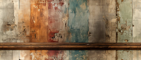 Empty top of wooden shelf with abstract grunge background. For product displayの素材