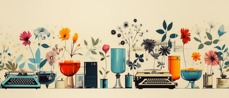 Retro background with flowers, books and typewriter. Vector illustration.の素材