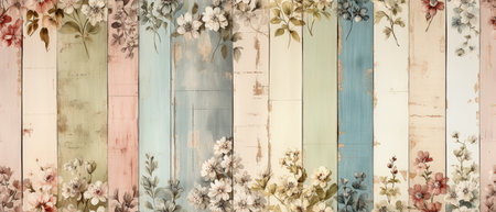 Vintage wooden background with spring flowers. Watercolor painting effect.の素材
