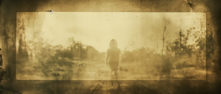 Blurred image of a woman walking in the forest. Toned.の素材
