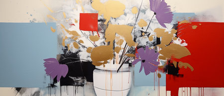 Colorful flowers in vase against digitally generated image of colorful backgroundの素材