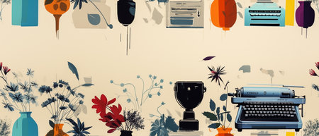 Retro background with old typewriter, flowers and items. Vector illustration.の素材