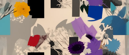 3d illustration of abstract geometric composition with hand drawn flowers and leavesの素材