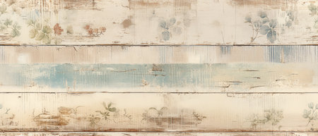 Vintage wood background texture with peeling paint and floral patterns.の素材