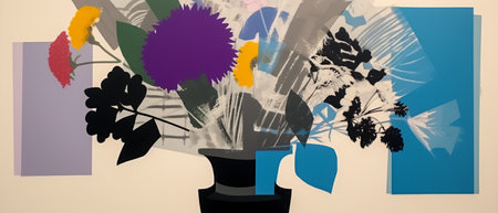 Digital illustration of a bouquet of flowers in a vase against gray backgroundの素材