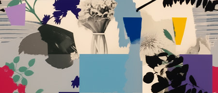 Abstract contemporary art collage. Hand drawn illustration with flowers, leaves and paint strokes.の素材