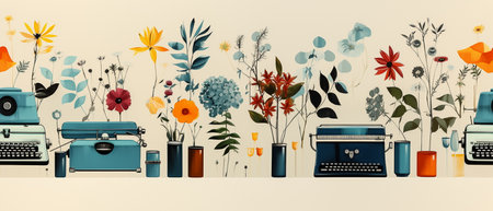 Retro background with plants, flowers and typewriter. Vector illustration.の素材