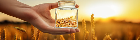 Close up of female hand holding bottle with seeds on wheat field backgroundの素材