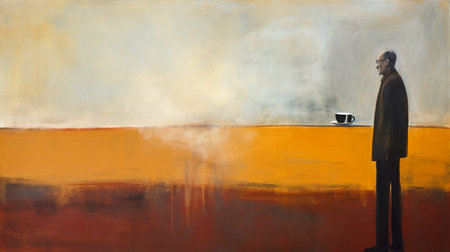 Man with a cup of coffee on the background of the oil paintingの素材